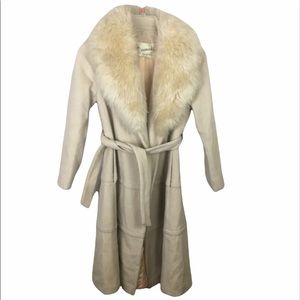 Vintage cream penny lane wool & genuine fur collar wrap coat